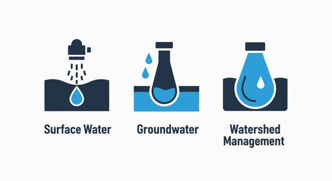 Water resource icons: surface water shower, groundwater in flask, and watershed management diagram, depicting water cycle and conservation. Vector art.