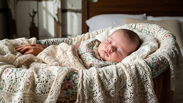 Sleeping Baby Girl in a Basket Wrapped in a Lace Blanket