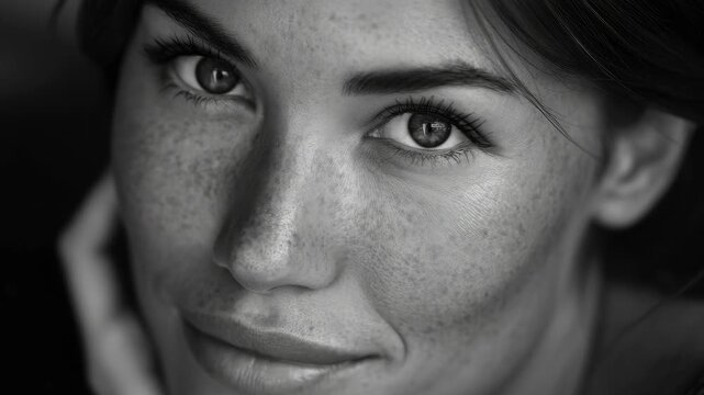 A close-up of a woman with freckles looking up, showing her eyes and fair complexion