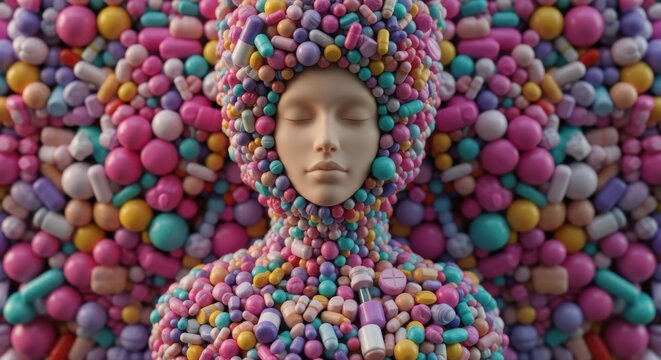 Surreal Human Figure Subsumed by Colorful Pills and Capsules, Symbolizing Overconsumption in Healthcare and Mental Wellness Industries.