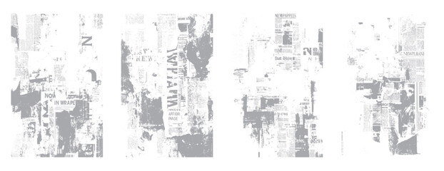 Naklejka na ściany i meble Four distressed grey newspaper collages with torn edges and obscured text