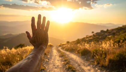 Hand Reaching Towards the Sun on a Mountain Path.