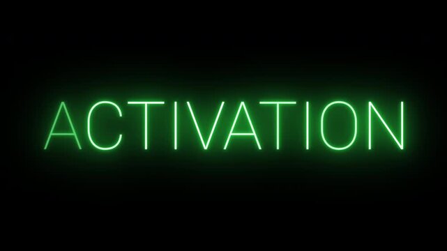 Flickering neon green glowing activation sign animated black background.