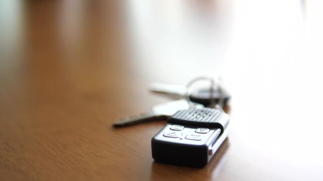 Automatic Gate Remote Control Key on Table, Electric Fence Door Access and Home Security Concept