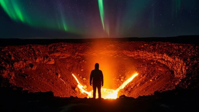 Man stands by a glowing volcanic crater under aurora borealis, exploring paranormal activity or an alien portal in arctic landscape