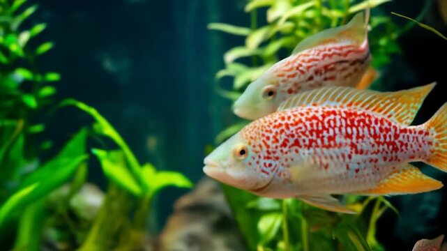 Colorful fish swimming in aquarium with green plants and natural light