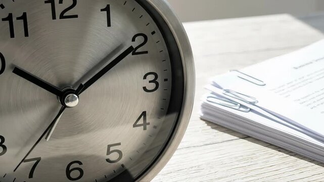A close-up shot of a silver alarm clock ticking near assignment papers, emphasizing the stressful urgency of academic deadlines.