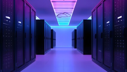 Fototapeta premium Modern data center interior with rows of server racks and cloud symbol on ceiling