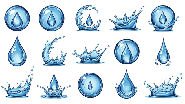 Large collection of water drop icons and liquid splash effects in various shapes and sizes for nature and hydration themes.