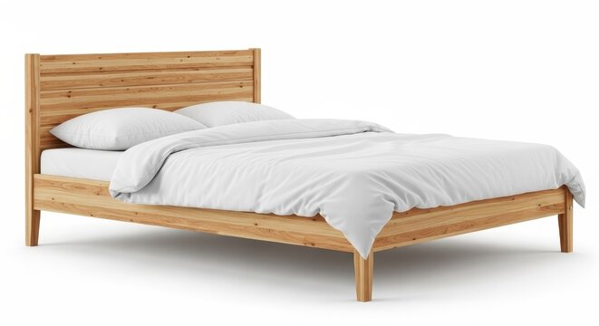 Natural light oak wood bed frame with white duvet and pillows, isolated on white