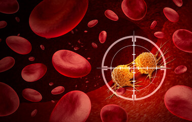 Leukemia disease and Cancer in the blood outbreak and treatment for malignant cells in a human body caused by carcinogens and genetics with a cancerous cell as an immunotherapy or lymphoma symbol and 