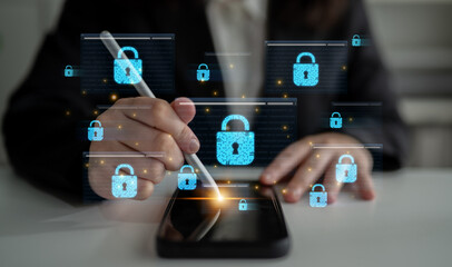 Concept of cybersecurity and a secure network. Multiple layers of data encryption and firewall...