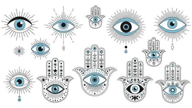 Large set of spiritual symbols including the hamsa hand and the mystical evil eye with intricate decorative patterns and blue accents.