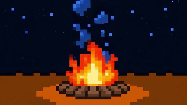 Pixel Art Campfire with Blue Elemental Effect Under Starry Night Sky Retro 8 bit Style Digital Animation Loop