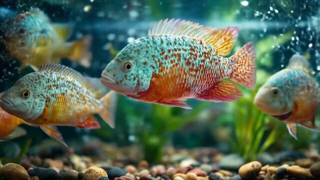 Colorful fish swimming underwater in aquarium with bubbles