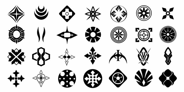 Collection of diverse black monograms and geometric symbols arranged in a grid