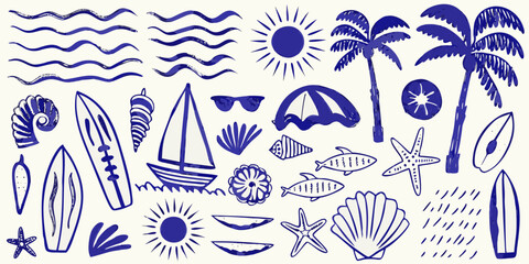 Blue and white summer themed doodles depicting beach and ocean elements © NaderAli