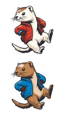 Two otters wearing jackets running energetically side by side