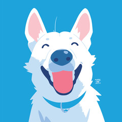 Obraz premium A white dog shows a big smile with its tongue out against a blue background. Its joy shines bright.