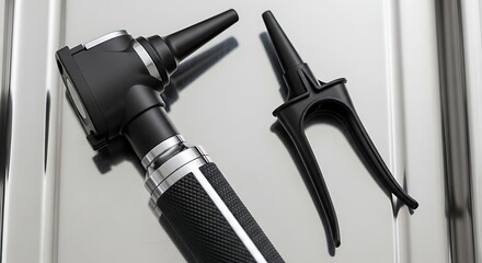 Fototapeta premium Close-up of a professional otoscope and speculum on a clean white background.