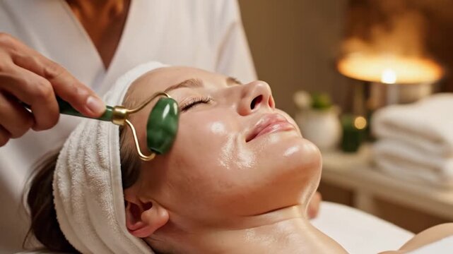 serene facial treatment with jade roller for relaxation rejuvenation skincare glowing skin wellness beauty therapy massage serene experience in a tranquil spa environment