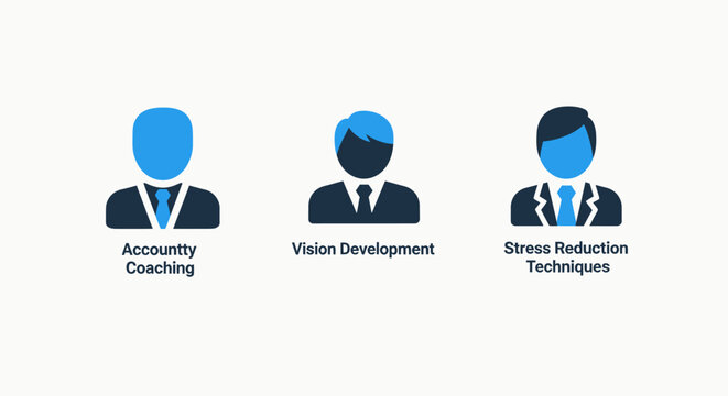Promoting personal and professional growth with icons for accounting coaching, vision development, and stress reduction techniques, ideal for business and wellness themes.