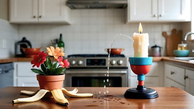 April Fools surreal kitchen scene with dripping candle fountain prank