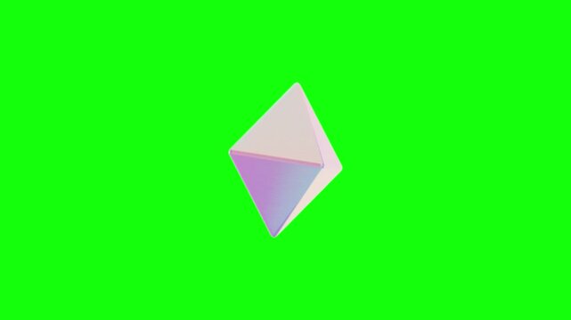 Looping 3D animation of a glossy pastel pyramid rotating 360 degrees, four‑sided diamond shape, iridescent pink, blue and lavender gradients,  centered on bright green chroma key background.