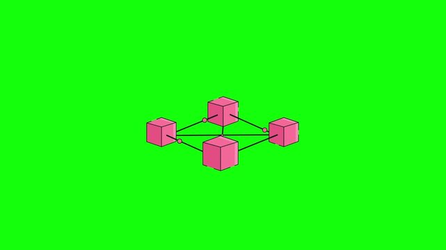 Looping 2D animation of a simple blockchain network diagram: four pink cubes connected to a central pink cube by black lines with small moving dots, isolated on bright green chroma key background.