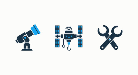 Space and Engineering Technology Vector Icons Including Telescope, Satellite, and Repair Tools in Blue and Dark Blue
