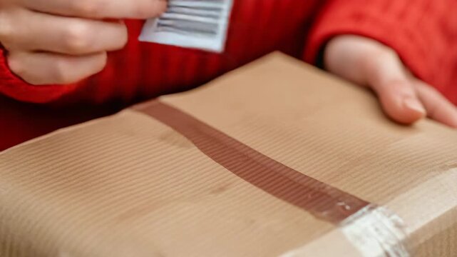 selective focus hand placing barcode on eco delivery package