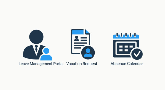 Human Resources Management Icons for Leave, Vacation, and Absence Tracking Featuring Employee Portal and Calendar Schedule