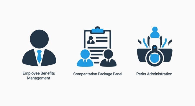 Flat icons illustrating robust HR management: employee benefits, comprehensive compensation packages, and effective perks administration.