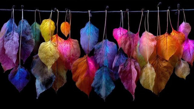 Colorful leaves hanging against a black backdrop for decorative or design use