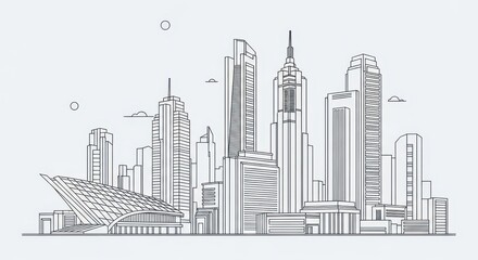 Fototapeta premium Modern City Skyline Drawing with Futuristic Architecture and Tall Buildings