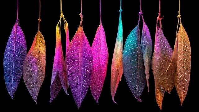 Colorful leaves hanging against black background for artistic compositions