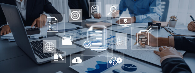 Concept of corporate compliance and quality control. Following a checklist and adhering to company...