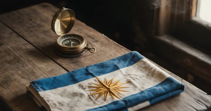 Folded Argentina flag with compass on rustic wooden table