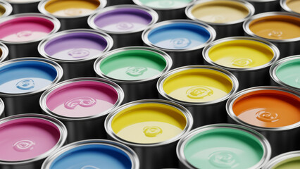 Fototapeta premium A vibrant, close-up shot of multiple open paint cans, each filled with a different bright color and featuring a swirling texture on the surface