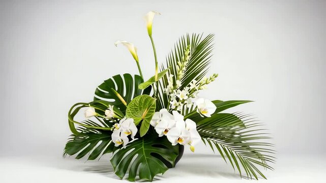 Elegant floral arrangement featuring white orchids, tropical leaves, and calla lilies on a neutral background