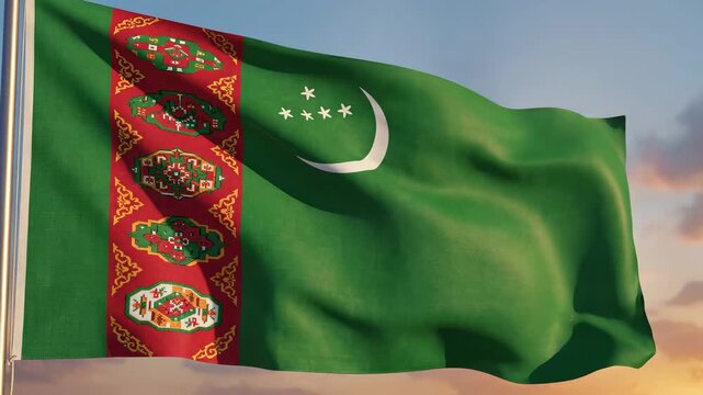 Turkmenistan Flag Waving Against Sunset Sky 4K Video