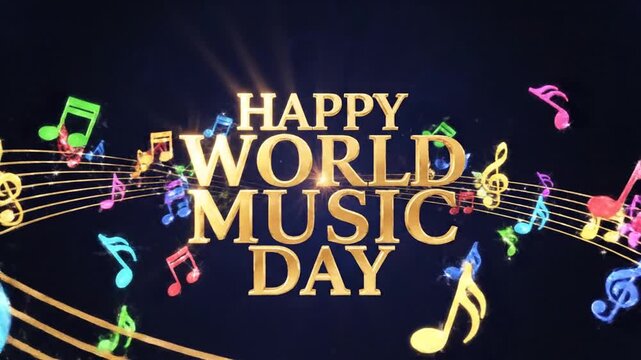 Happy World Music Day text with vibrant musical notes