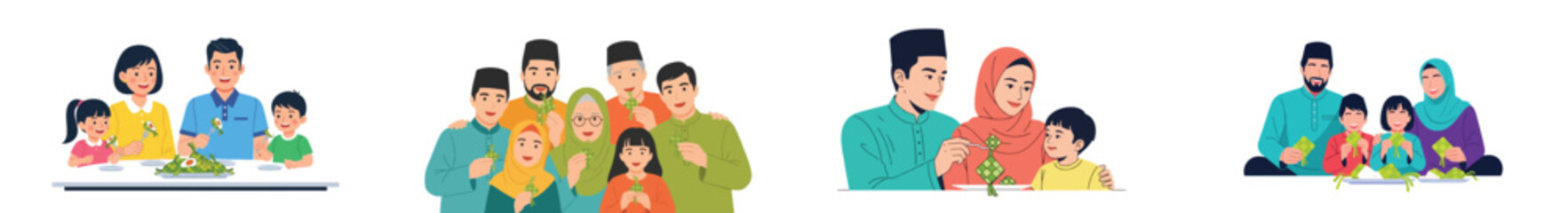 Muslim families celebrating together with traditional food