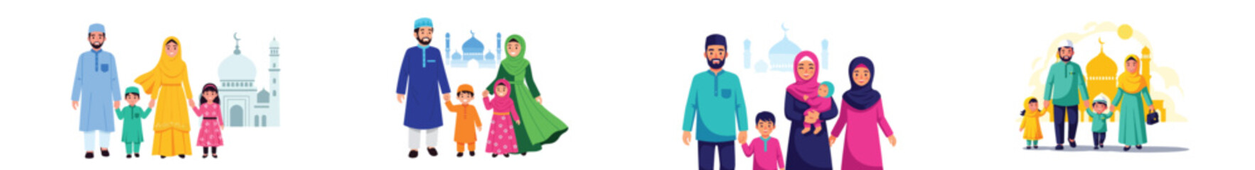 Muslim families standing near mosques in various outfits