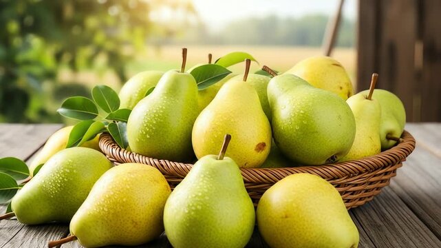 Fresh pears in a wicker basket on a rustic wooden table with a sunny field in the background