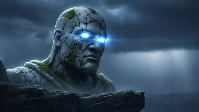Ancient stone statue of a man with glowing blue eyes and lightning striking during a stormy night with dense clouds for fantasy concept.