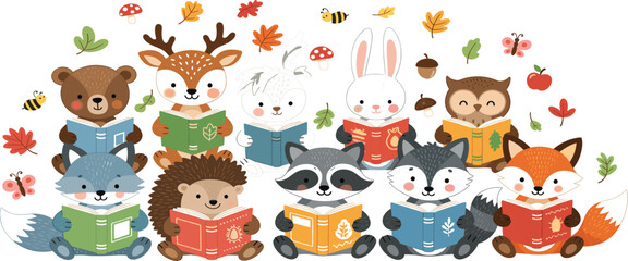 Fototapeta premium Cute Autumn Forest Animals Reading Books Illustration with Fall Leaves, Woodland Characters, and Cozy Educational Storytelling Concept