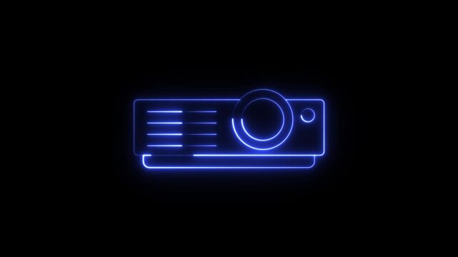 glowing abstract neon overhead projector icon animation, blue projector icon animated, projector 4d motion video animation on black background.