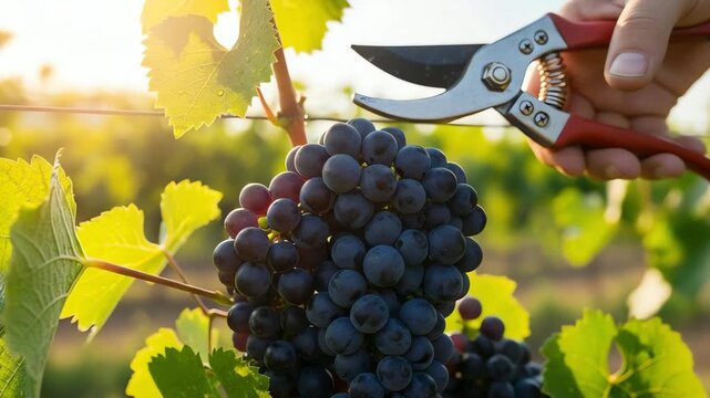 Hand pruning ripe grapes in a sunlit vineyard, showcasing lush green leaves and distant hills