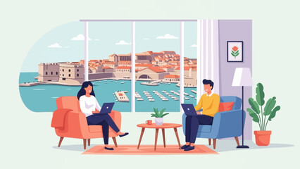 Fototapeta premium Remote work with a scenic view of a coastal city
